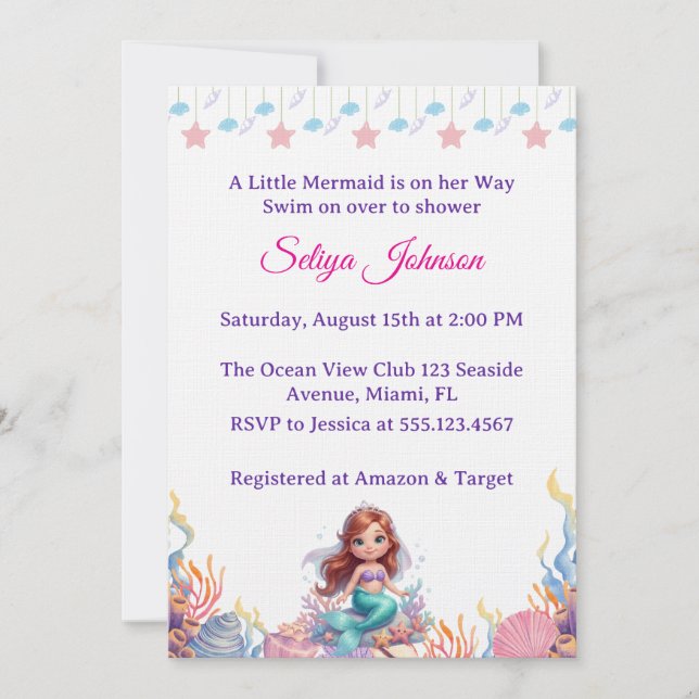 Invitación Cute Little Mermaid Under the Sea Girl Baby Shower (Anverso)