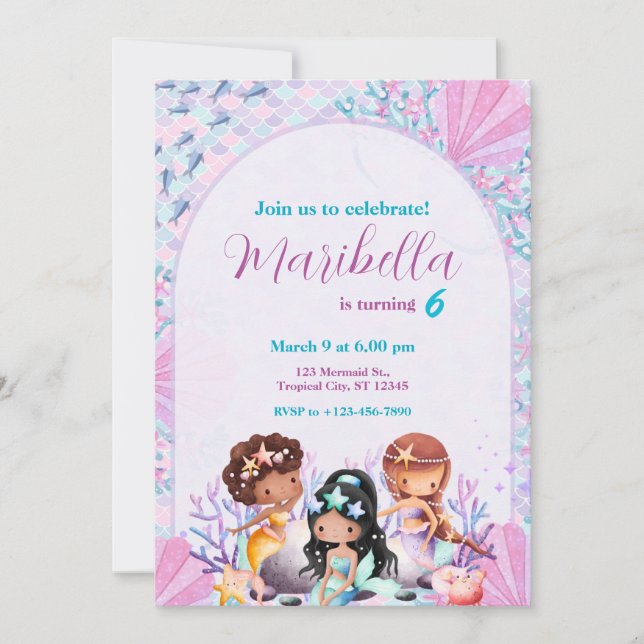 Invitación Cute Little Mermaids Under The Sea Birthday Party (Anverso)