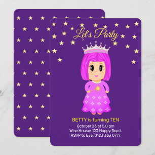 Invitación Cute Little Princess & Estrellas sobre Púrpura Rea