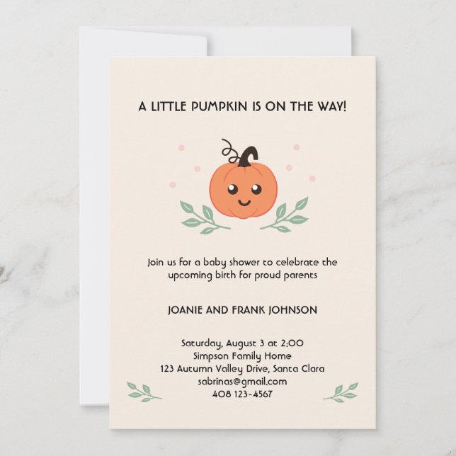 Invitación Cute Little Pumpkin está en camino con hojas (Anverso)