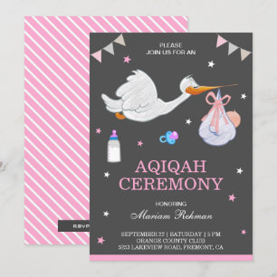 Invitación Cute Little Stork Rosa Bebé Niña Aqiqah