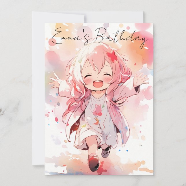Invitación Cute little watercolor girl birthday (Anverso)