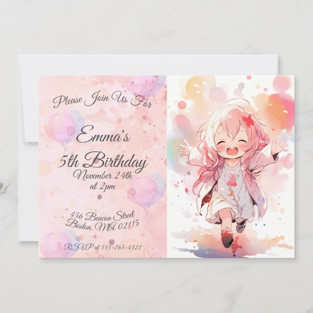 Invitación Cute little watercolor girl horizontal birthday (Anverso)