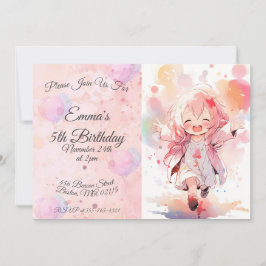 Invitación Cute little watercolor girl horizontal birthday
