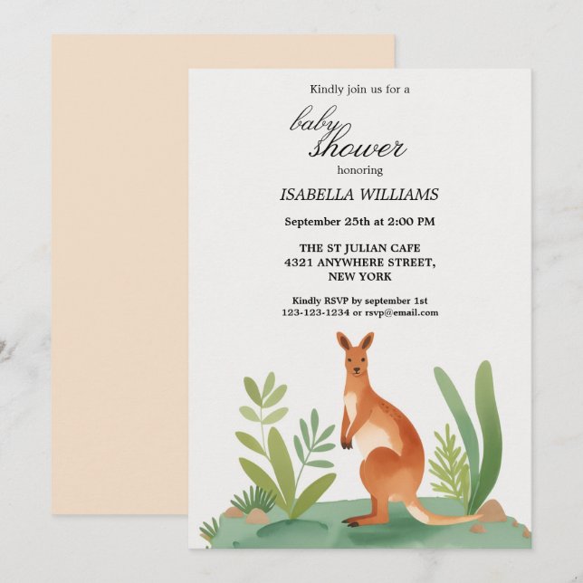 Invitación Cute Little Watercolor Kangaroo Baby Shower (Anverso / Reverso)
