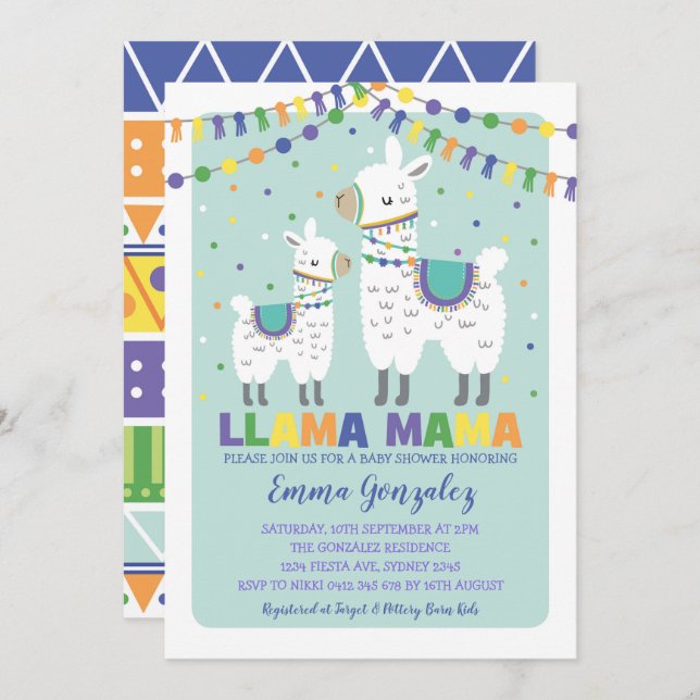 Invitación Cute llama Baby Shower Alpaca Niño Llama Mama (Anverso / Reverso)