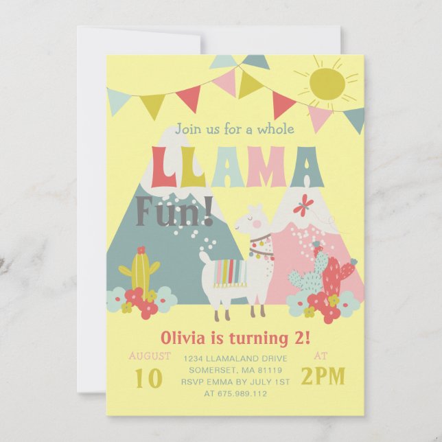 Invitación Cute Llama entera Divertida Niños Cumpleaños Tema (Anverso)