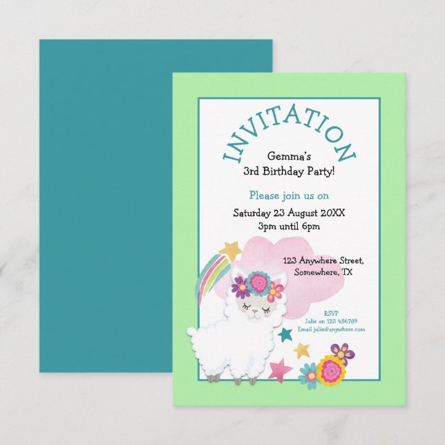 Invitación Cute Llama fiesta de cumpleaños infantil infantil  (Anverso / Reverso)