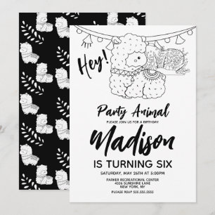 Invitación Cute Llama Kids Fiesta de cumpleaños blanco negro