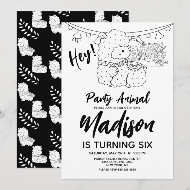 Invitación Cute Llama Kids Fiesta de cumpleaños blanco negro (Anverso / Reverso)