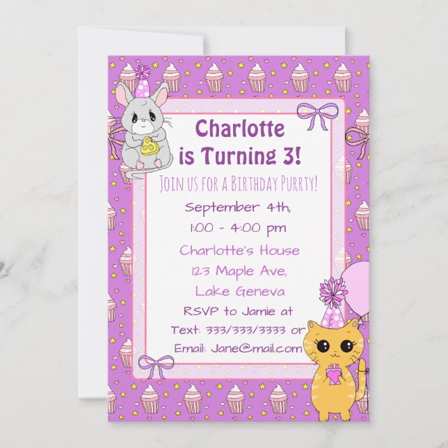 Invitación Cute Llama, Kitten y Mouse Cumpleaños Púrpura (Anverso)