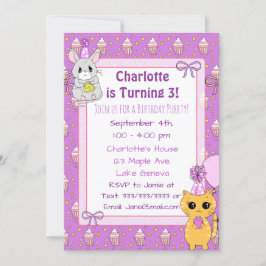 Invitación Cute Llama, Kitten y Mouse Cumpleaños Púrpura