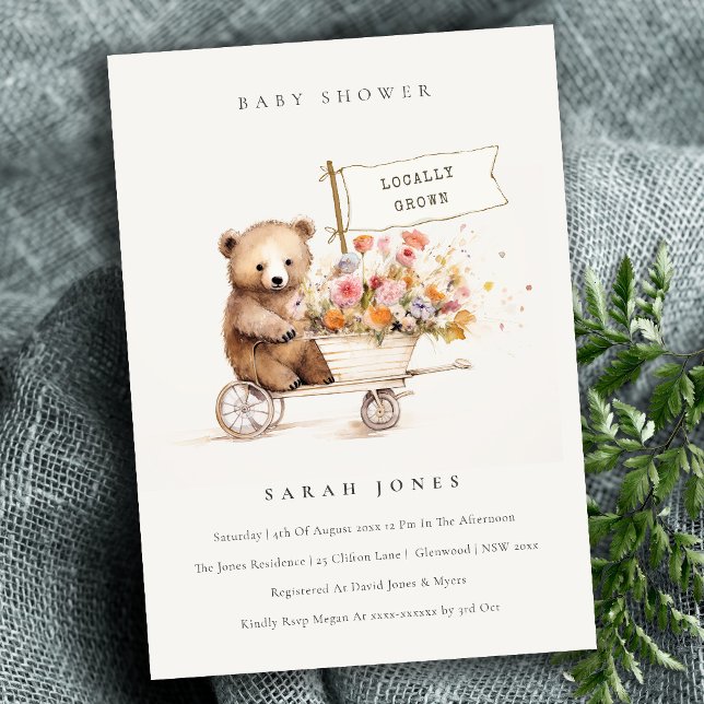 Invitación Cute local Crecer Teddy Floral Cart Baby Shower (Subido por el creador)