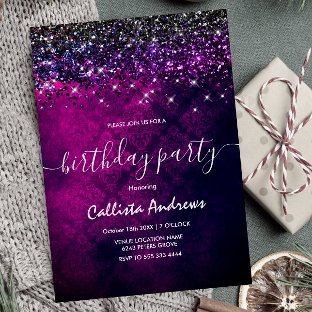 Invitación Cute magenta negro falso purpurina singular chica (Subido por el creador)
