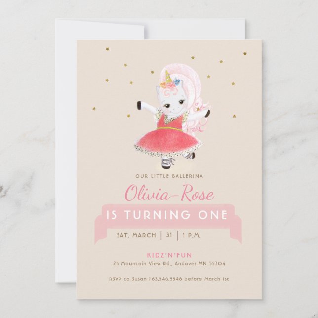Invitación Cute Magical Ballerina Unicorn Rosa Chica Cumpleañ (Anverso)