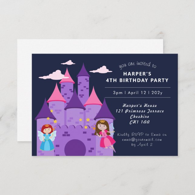 Invitación Cute Magical Fairies y Chica del Castillo 4º cumpl (Anverso / Reverso)