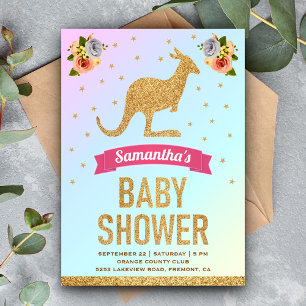 Invitación Cute Magical Gold Purpurina Kangaroo Baby Shower