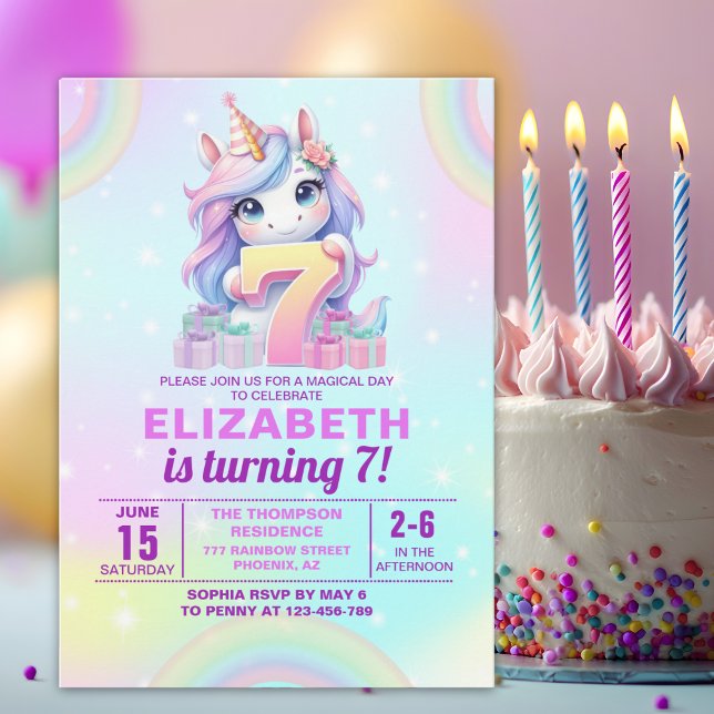 Invitación Cute Magical Unicorn 7th Birthday – Rainbow  (Subido por el creador)