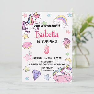 Invitación Cute mágico arcoiris Unicornio 5ª fiesta de cumple