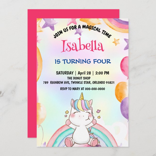 Invitación Cute mágico arcoiris unicornio fiesta de cumpleaño (Anverso / Reverso)
