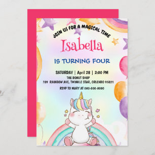 Invitación Cute mágico arcoiris unicornio fiesta de cumpleaño