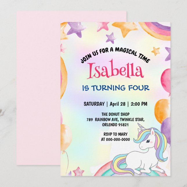 Invitación Cute mágico arcoiris unicornio fiesta de cumpleaño (Anverso / Reverso)