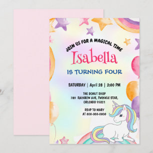 Invitación Cute mágico arcoiris unicornio fiesta de cumpleaño