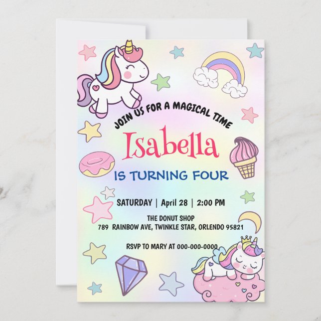 Invitación Cute mágico arcoiris unicornio fiesta de cumpleaño (Anverso)