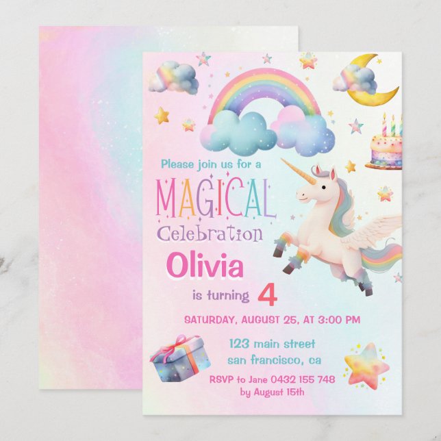 Invitación Cute mágico, fiesta de cumpleaños del Chica unicor (Anverso / Reverso)