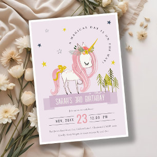 Invitación Cute mágico Unicornio Lilac Purple Kids Cumpleaños