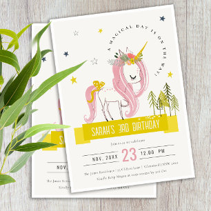 Invitación Cute mágico Unicornio niños de color rosa cumpleañ