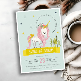Invitación Cute mágico Unicornio niños de color rosa cumpleañ