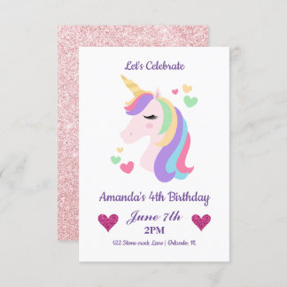 Invitación Cute mágico Unicornio y corazón cumpleaños