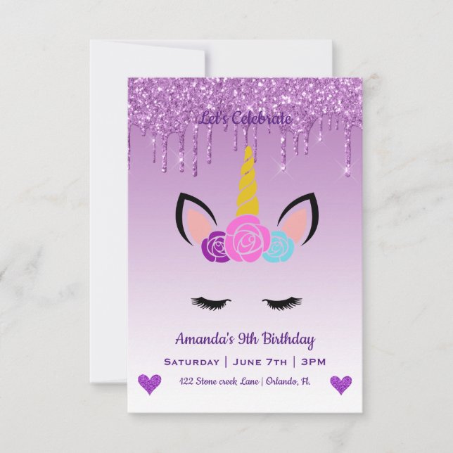 Invitación Cute mágico Unicornio y corazón cumpleaños (Anverso)
