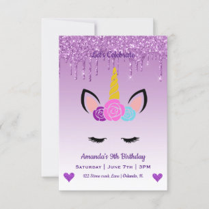 Invitación Cute mágico Unicornio y corazón cumpleaños