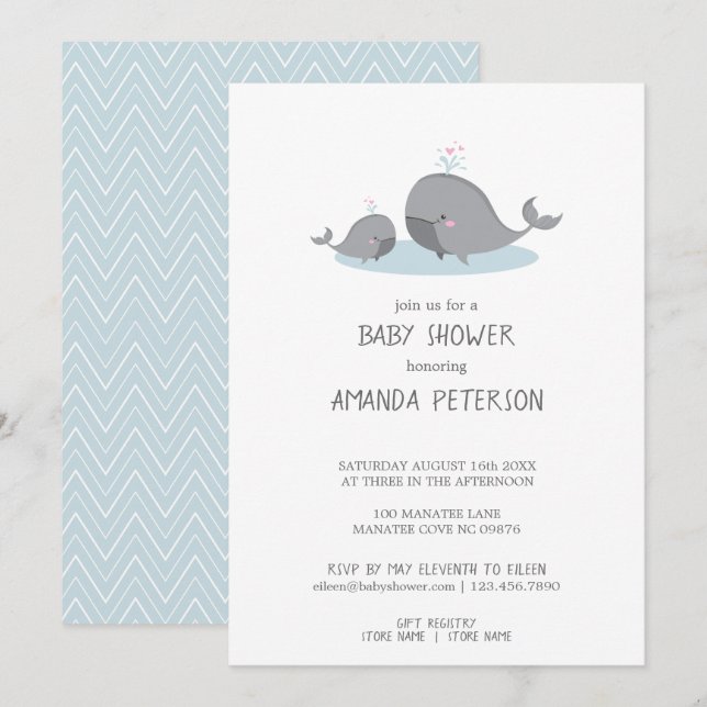 Invitación Cute Mama & Baby Ballenas Azul Chevron Baby Shower (Anverso / Reverso)