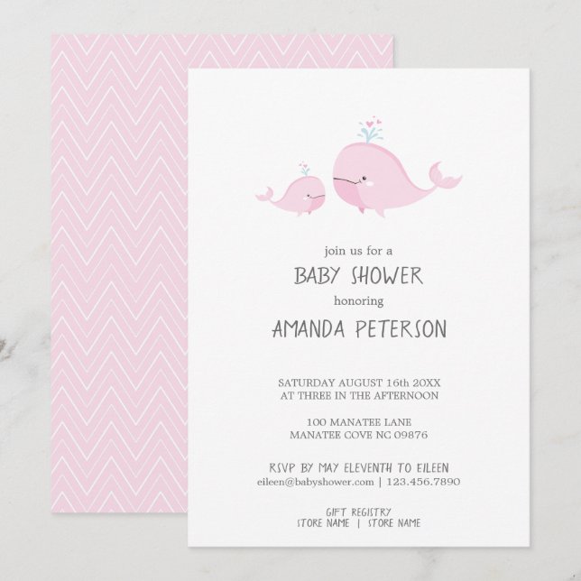 Invitación Cute Mamá y Bebés Ballenas Rosa Chevron Baby Showe (Anverso / Reverso)