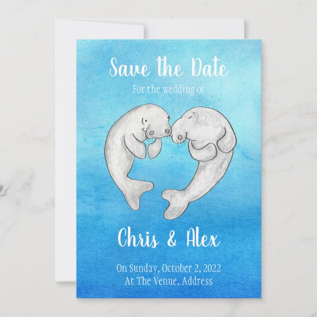 Invitación Cute manatees guardar la fecha (Anverso)