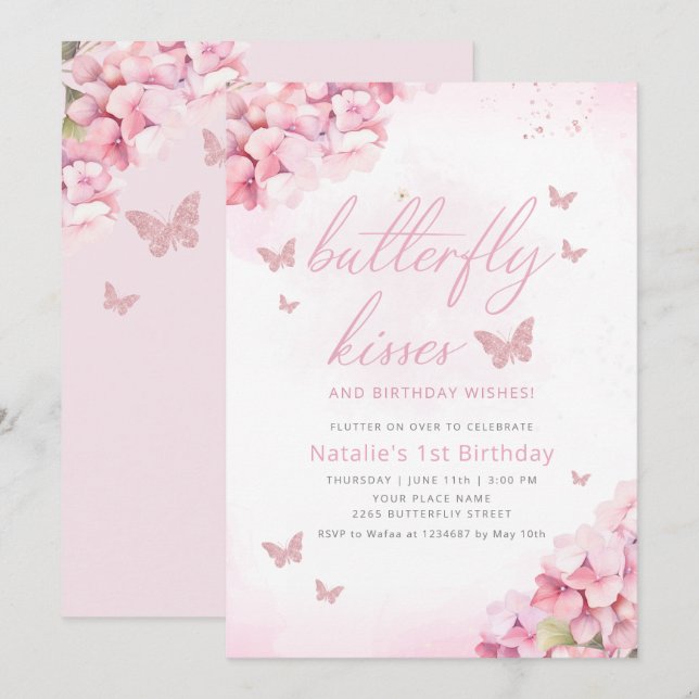 Invitación Cute mariposa Pink Watercolor Floral 1er cumpleaño (Anverso / Reverso)
