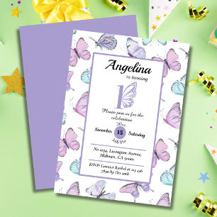 Invitación Cute mariposa temática 1er cumpleaños púrpura y bl