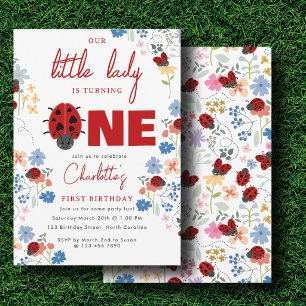 Invitación Cute Mariquitas Flores Silvestres Cumpleaños 1st P