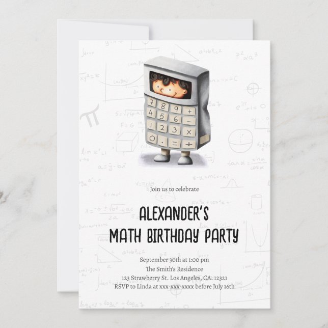 Invitación Cute Math Formulas Calculator Cumpleaños Party (Anverso)