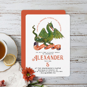 Invitación Cute Medieval Naranja Dragón Verde Cumpleaños Infa