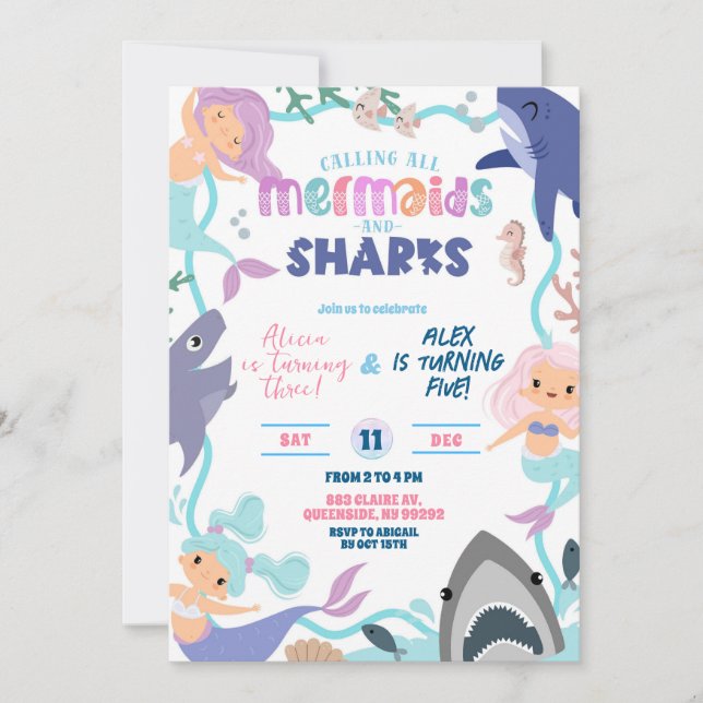 Invitación Cute Memaid and Sharks Joint Birthday invitation (Anverso)