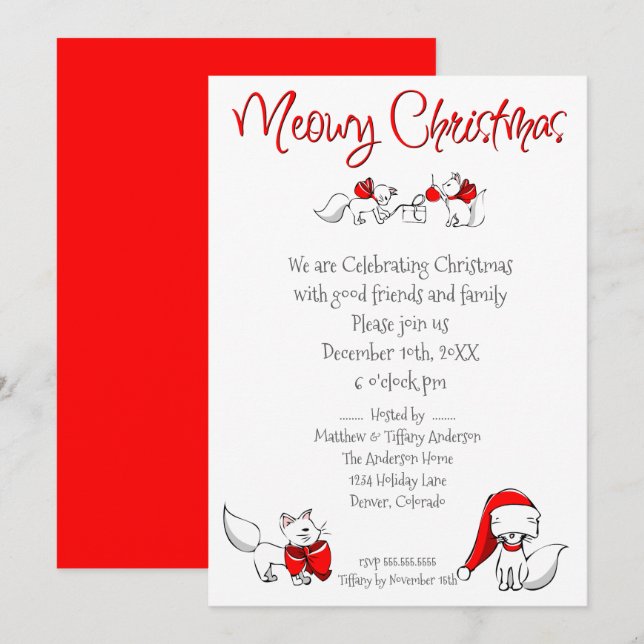 Invitación Cute Meowy Navidades Kitties (Anverso / Reverso)