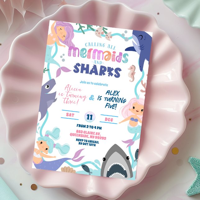 Invitación Cute Mermaid and Sharks Joint Birthday invitation (Subido por el creador)
