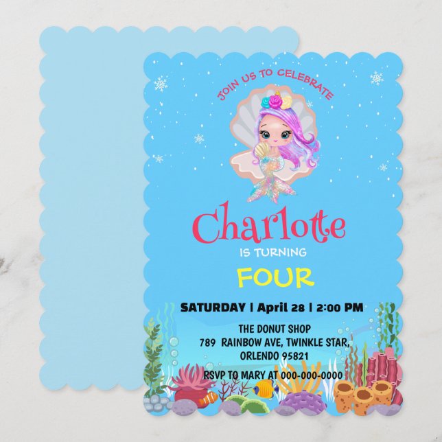 Invitación Cute Mermaid arcoíris rociar colorido cumpleaños (Anverso / Reverso)