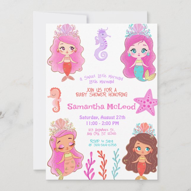 Invitación Cute Mermaid Baby Shower Under the Sea Baby Girl  (Anverso)