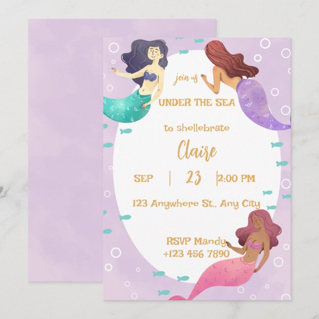 Invitación Cute Mermaid Birthday Invitation (Anverso / Reverso)