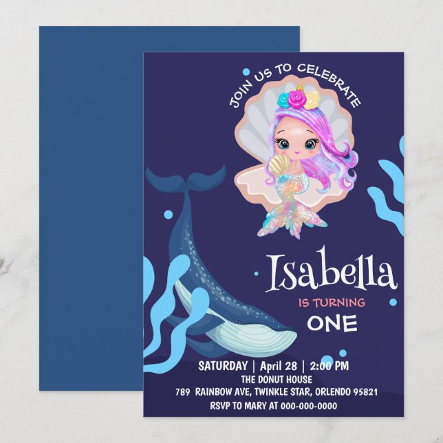 Invitación Cute Mermaid perla Arcoiris ballena Fiesta de cump (Anverso / Reverso)